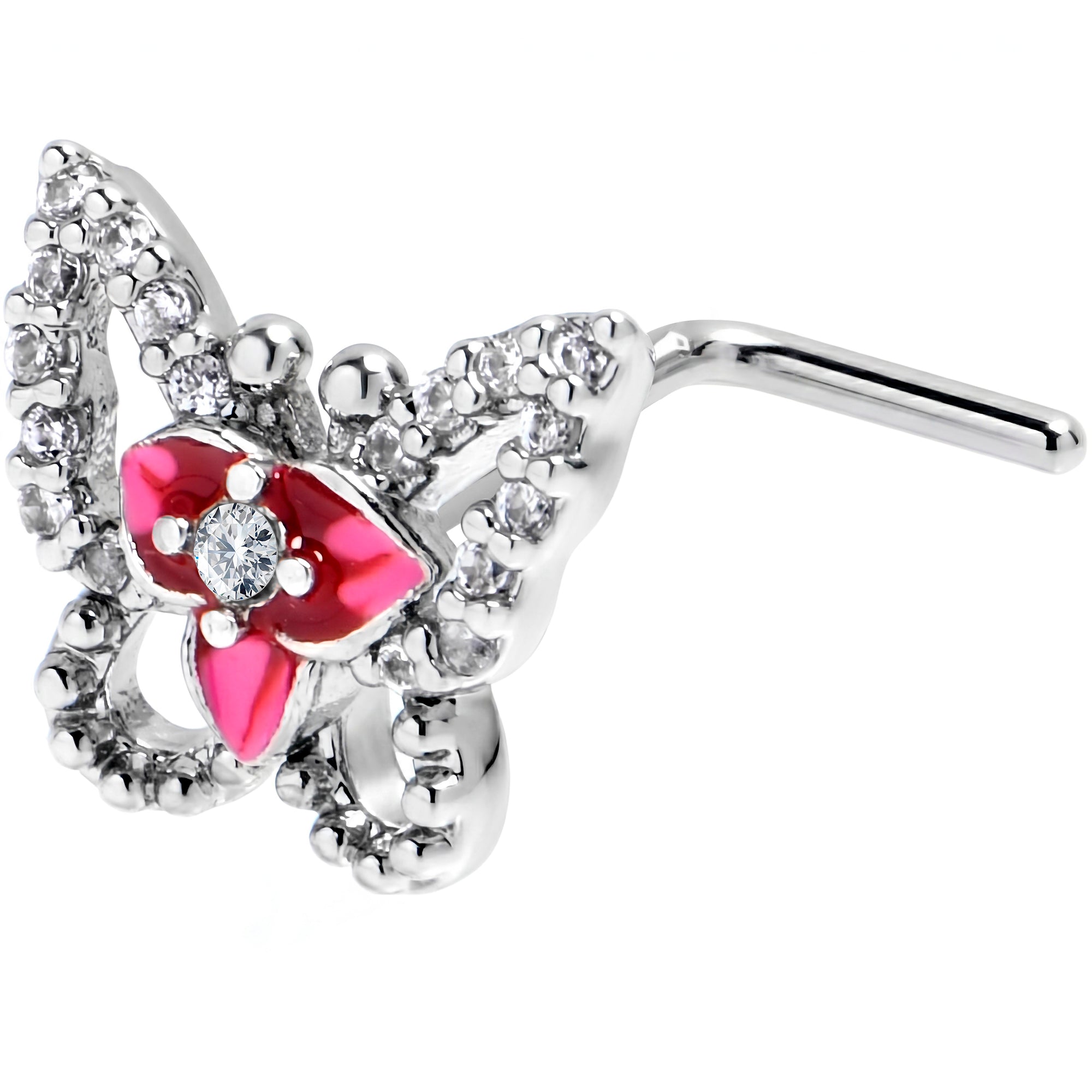20G 7mm Clear Gem Fabulous Butterfly Pink L Shape Nose Ring