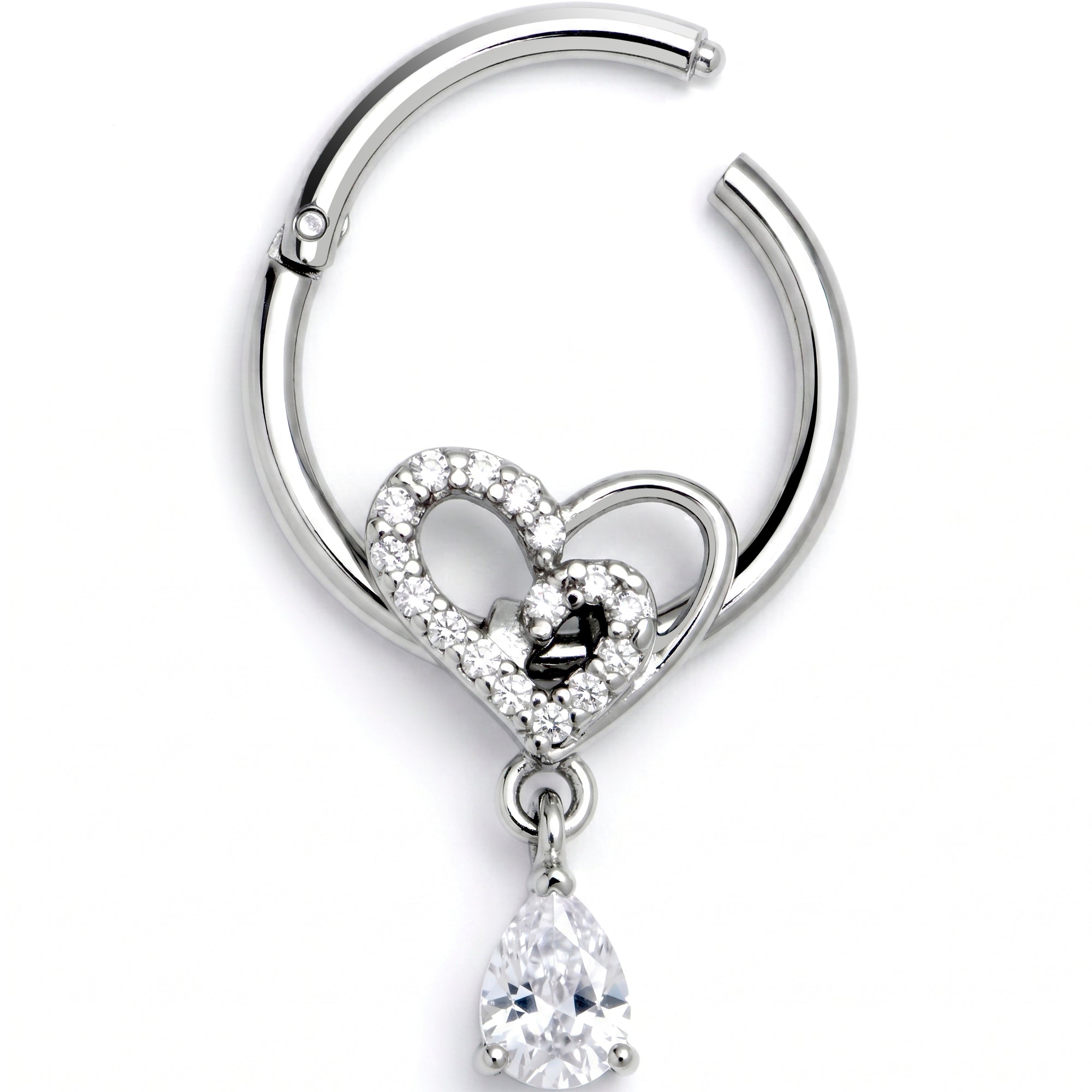 16G 3/8 Clear CZ Gem Asymmetrical Heart Dangle Hinged Segment Ring