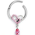 16G 3/8 Pink CZ Gem Asymmetrical Heart Dangle Hinged Segment Ring