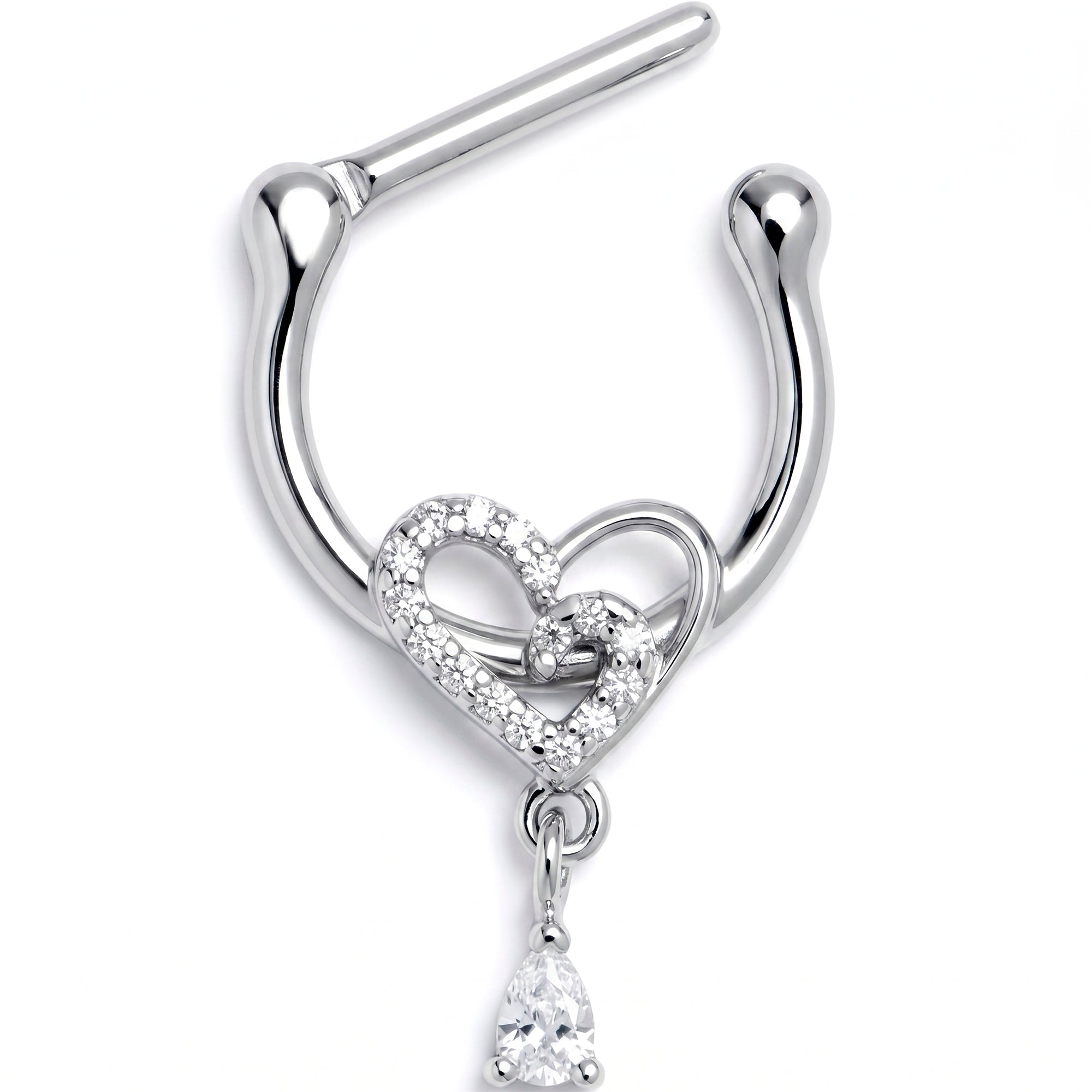 16G 5/16 Clear CZ Gem Asymmetrical Heart Dangle Cartilage Clicker