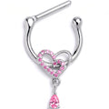 16G 5/16 Pink CZ Gem Asymmetrical Heart Dangle Cartilage Clicker