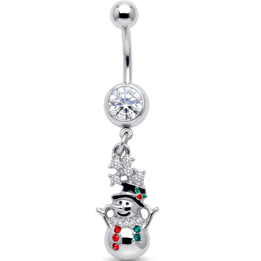 Red Clear Green Gem Opulent Snowman Holiday Dangle Belly Ring