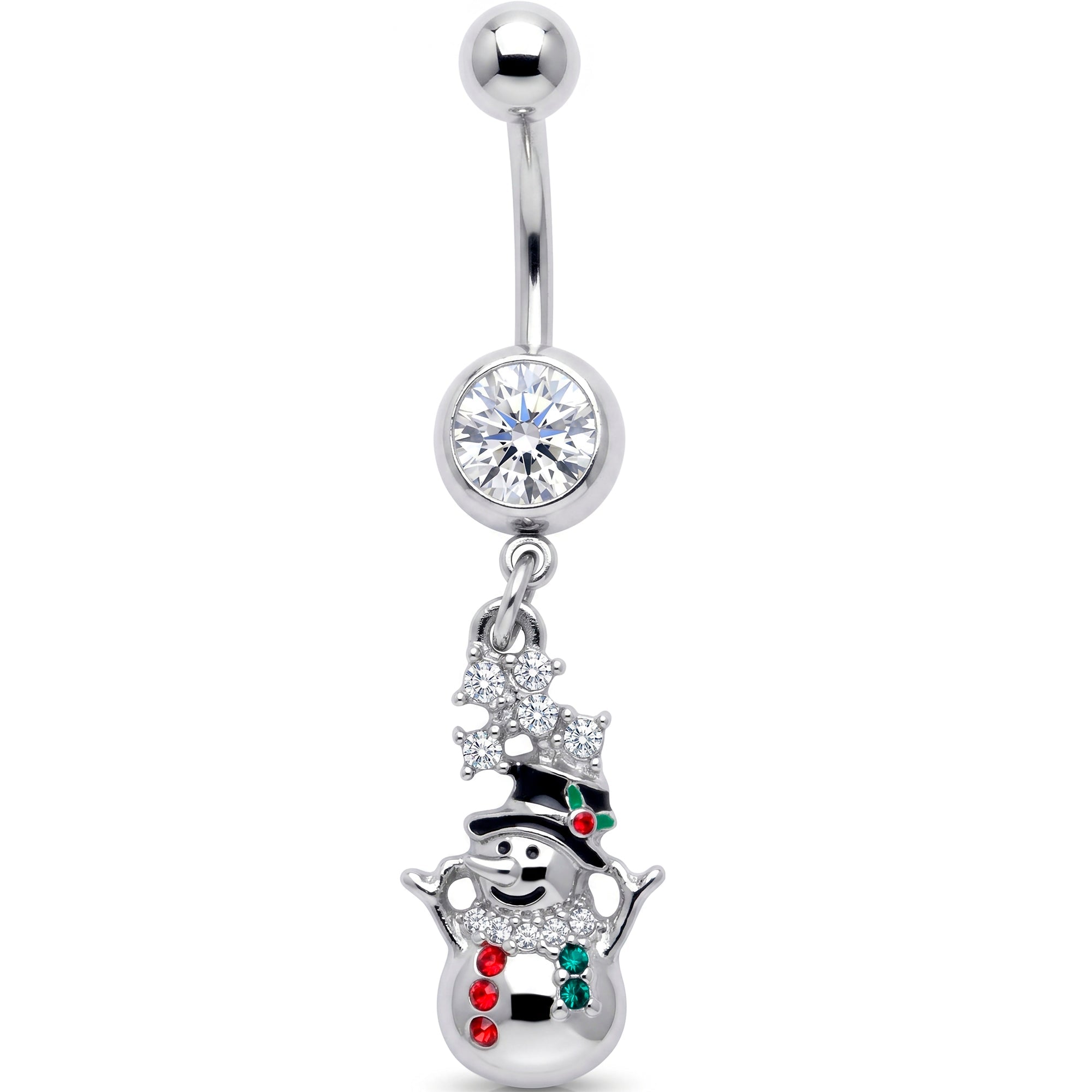 Red Clear Green Gem Opulent Snowman Holiday Dangle Belly Ring