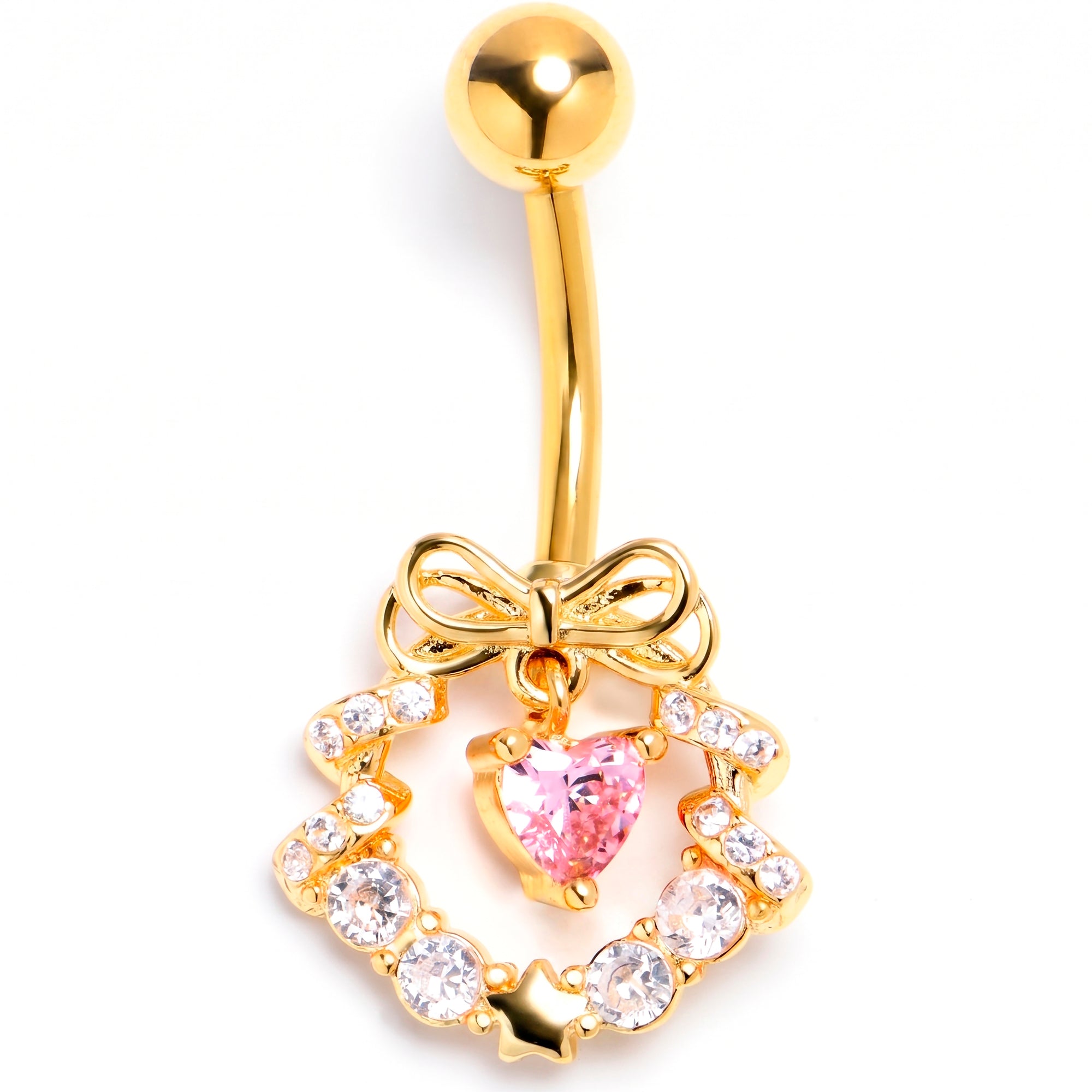 Clear Pink CZ Gem Gold Tone Heart Wreath of Love Belly Ring