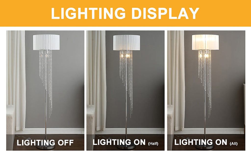 65.75'H Sheer White Drum Shade Rain Crystal Chrome Metal Floor Lamp for Living Room, Standing Lamp for Bedroom