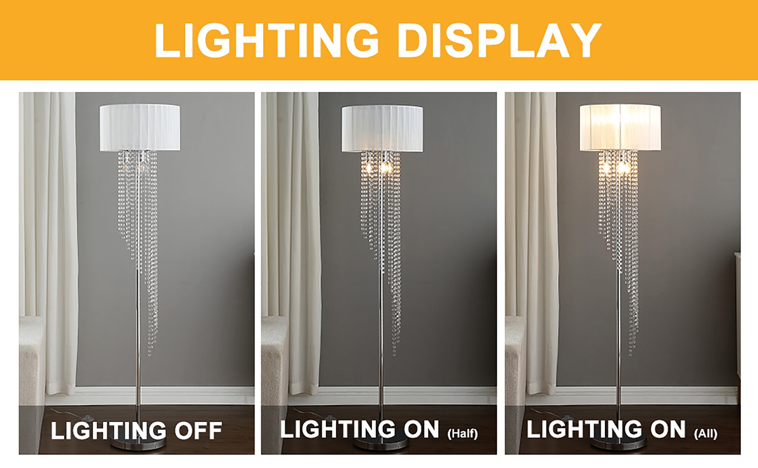 65.75'H Sheer White Drum Shade Rain Crystal Chrome Metal Floor Lamp for Living Room, Standing Lamp for Bedroom