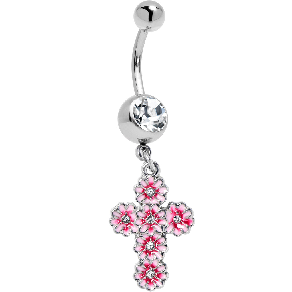 Clear Gem Perfectly Pink Flower Cross Dangle Belly Ring