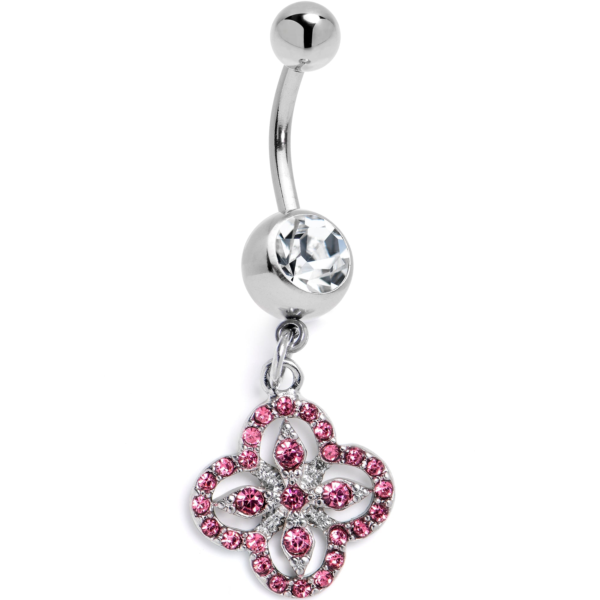 Clear Pink Gem Curved Cross Dangle Belly Ring