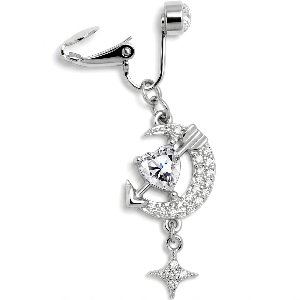 Clear Gem Moon Lover Dangle Clip On Fake Belly Ring