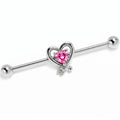 14G Pink CZ Gem Wrapped in Heart Industrial Barbell 38mm