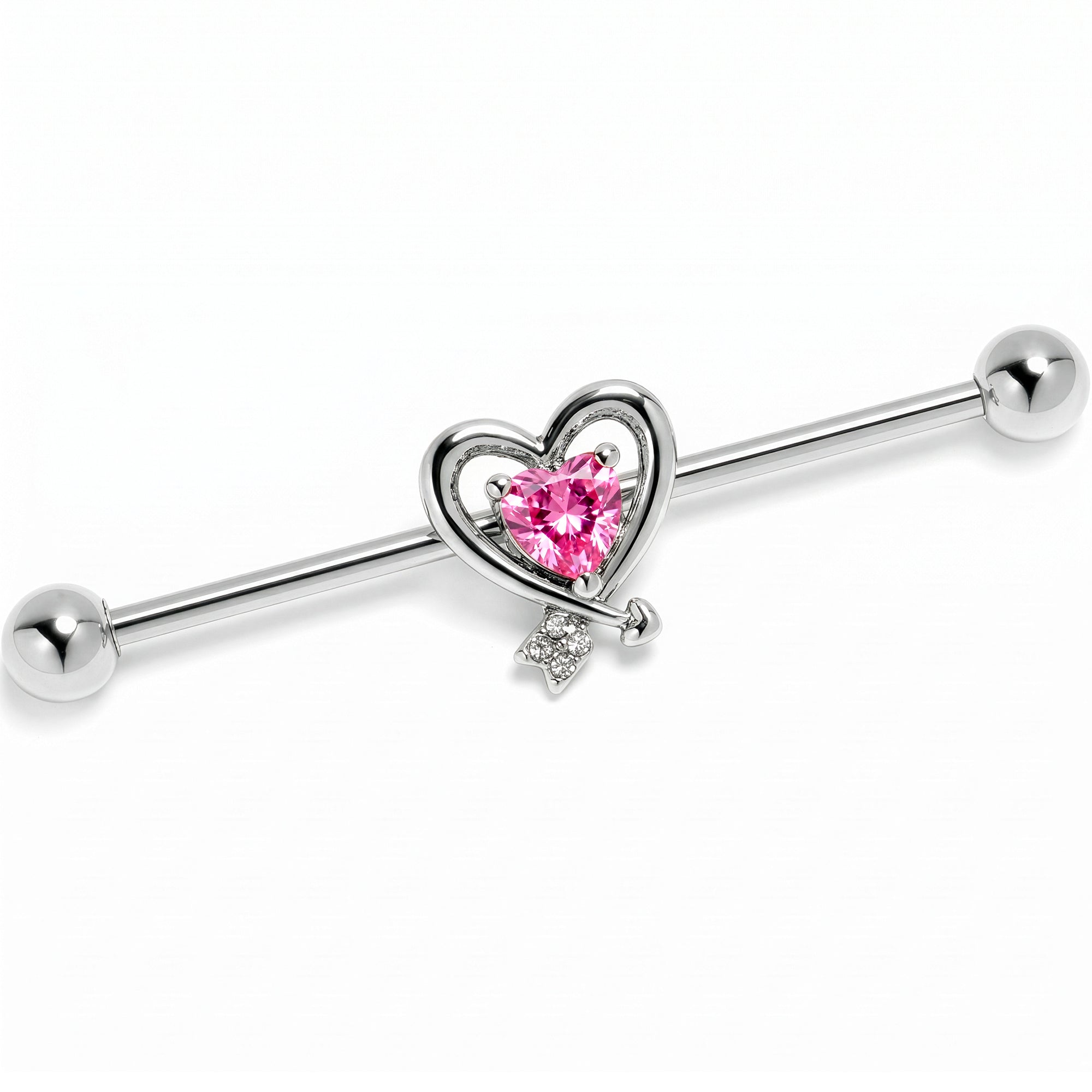 14G Pink CZ Gem Wrapped in Heart Industrial Barbell 38mm