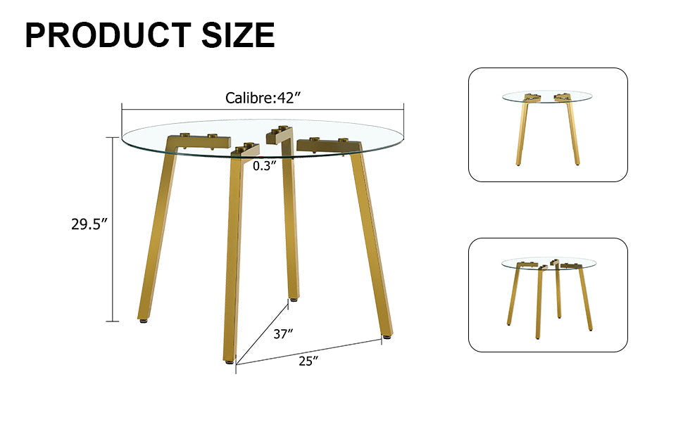 Modern minimalist style circular transparent tempered glass table, tempered glass tabletop, golden metal legs, suitable for kitchen, dining room, and living room, 42 '* 42' * 29.5 '1123r