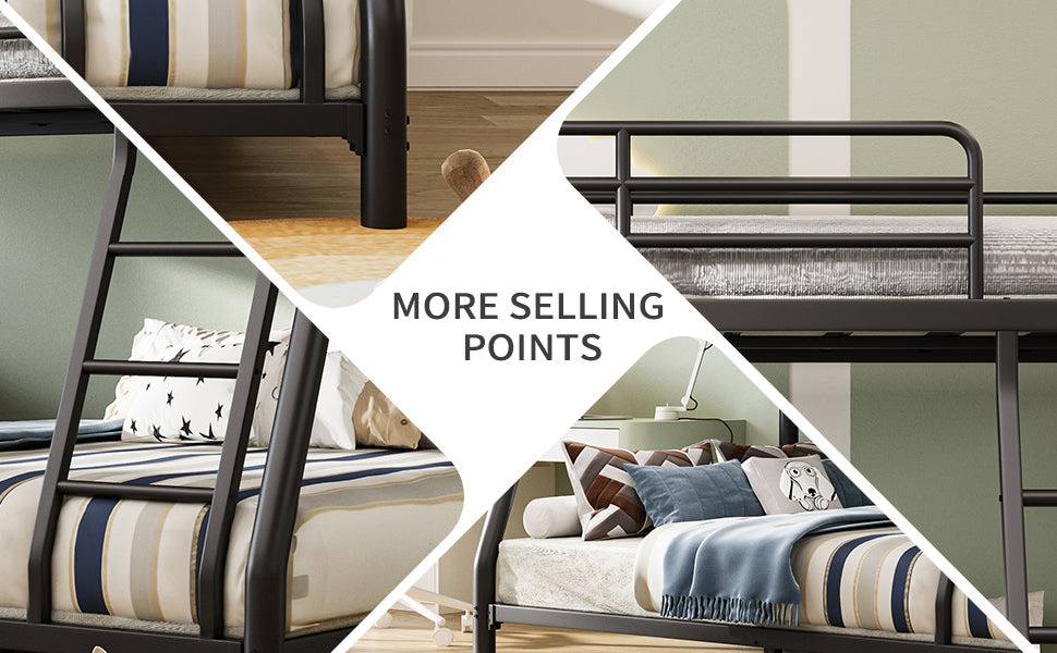 Twin Over Full Bunk Bed, Metal Bunk Bed Frame with Ladder, Safety Rail & Steel Slats, Space-Saving Bunk Beds for Kids Teens Adults, Noise Free for Dorm Bedroom, No Box Spring Needed
