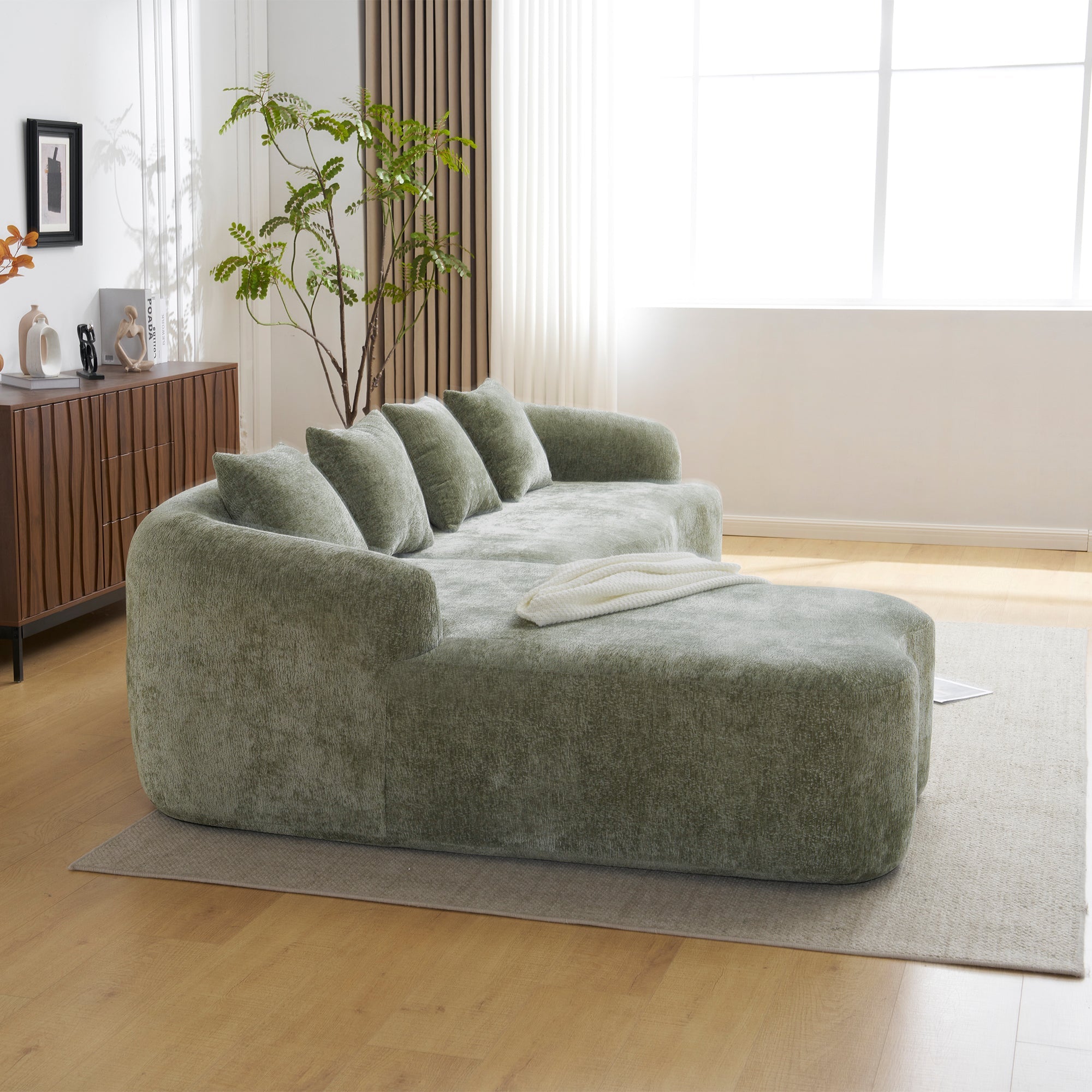 Full Compression L-Shape Sectional Sofa with Curved Chaise, Green Modular Chenille Couch, High-Density for Apartment Living Room