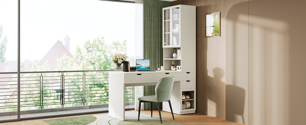 Versatile Makeup Vanity Desk with Mirror and Charging Station, Dressing Table with 8 Hidden Storage Compartments, Computer Desk with 3 Drawers, 2 Cabinets and Open Shelves,Home Office Desk, White