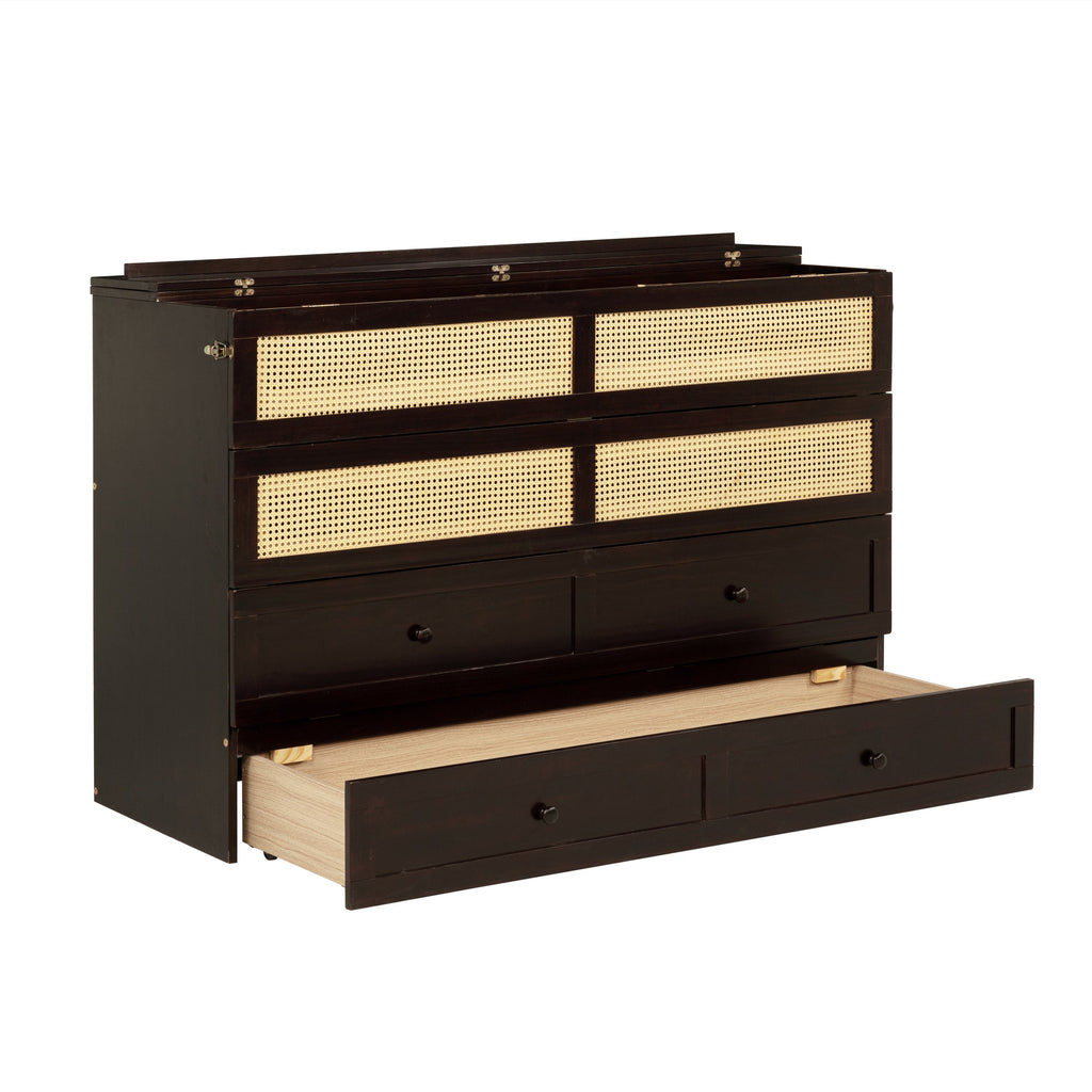 Queen Size Murphy Bed, Pine Wood Cabinet Bed with Rattan Decoration and Storage Drawer,Espresso
