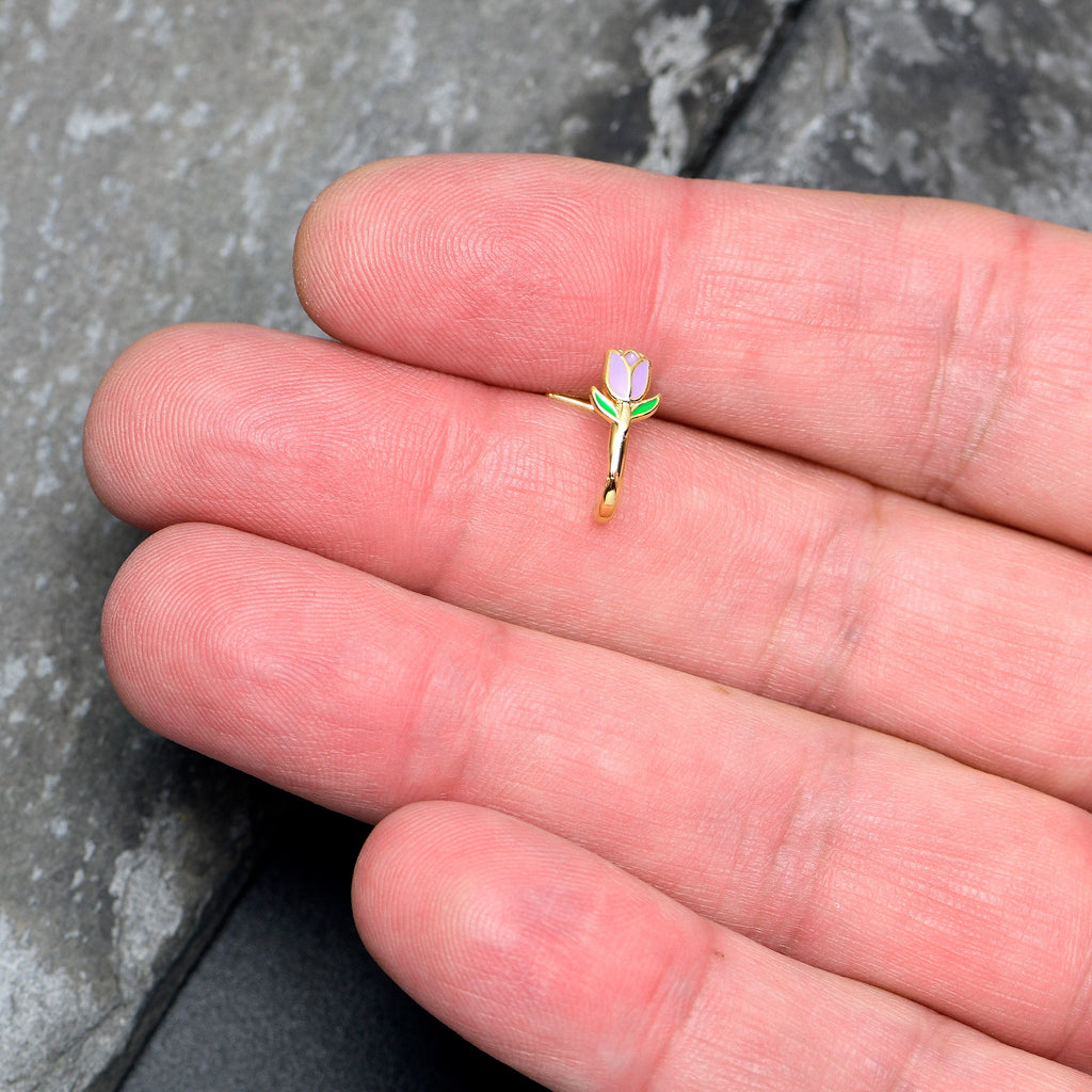 20G 7mm Gold Tone Purple Tulip Flower Faux Hoop L Shape Nose Ring