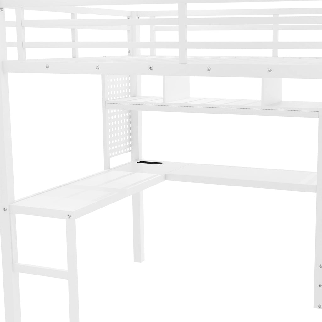 Full Size Loft Bed with LED Light & Charge Station, Metal Loft Bed with Desk and Staircase, Loft bed with Wardrobe for Kids, White (Expect Arrival Date 2025/4/30)