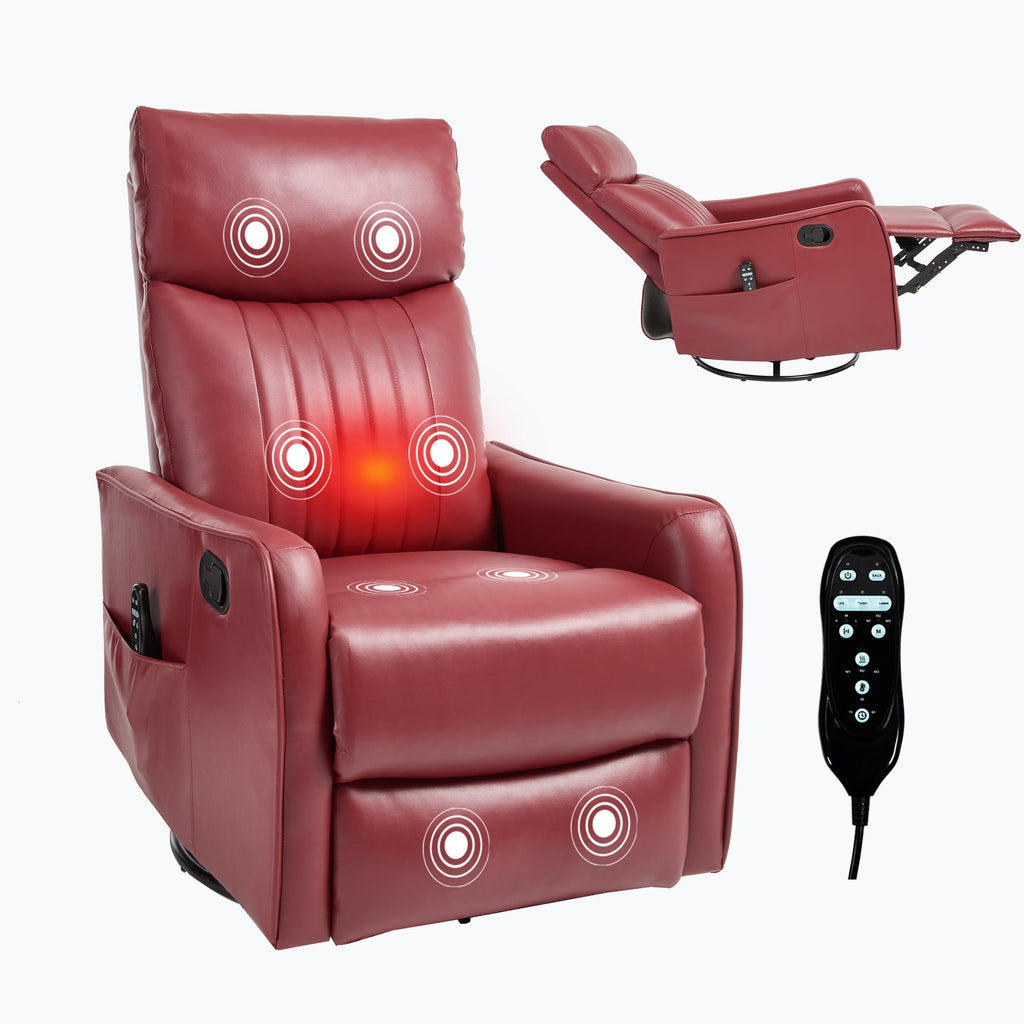 Red Faux Leather Heat Massage Manual Recliner Chair with Rocker and Swivel for Living Room