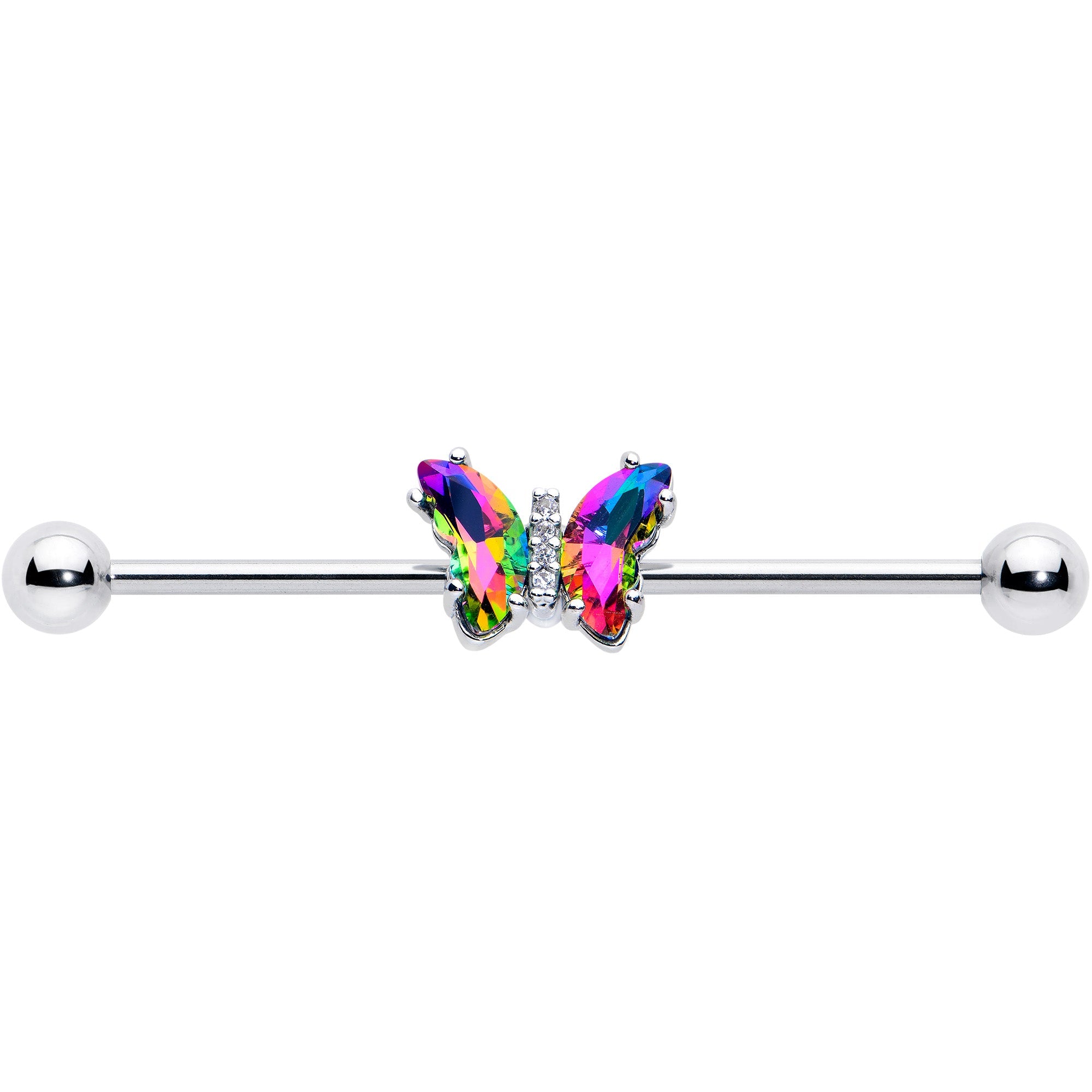 14G Rainbow CZ Gem Simply Colorful Butterfly Industrial Barbell 38mm