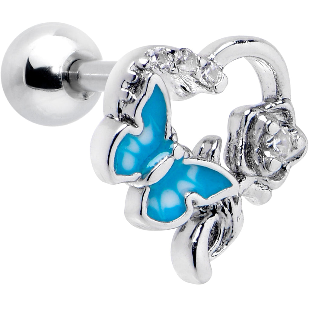 16G 1/4 Clear CZ Gem Butterfly Rose Blue Cartilage Tragus Stud