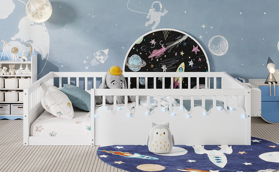 Full Montessori Floor Bed Frame with High Rails, Wood Kids Floor Beds with Light and Storage Shelf, White (Expect Arrival Date 2025/8/15)