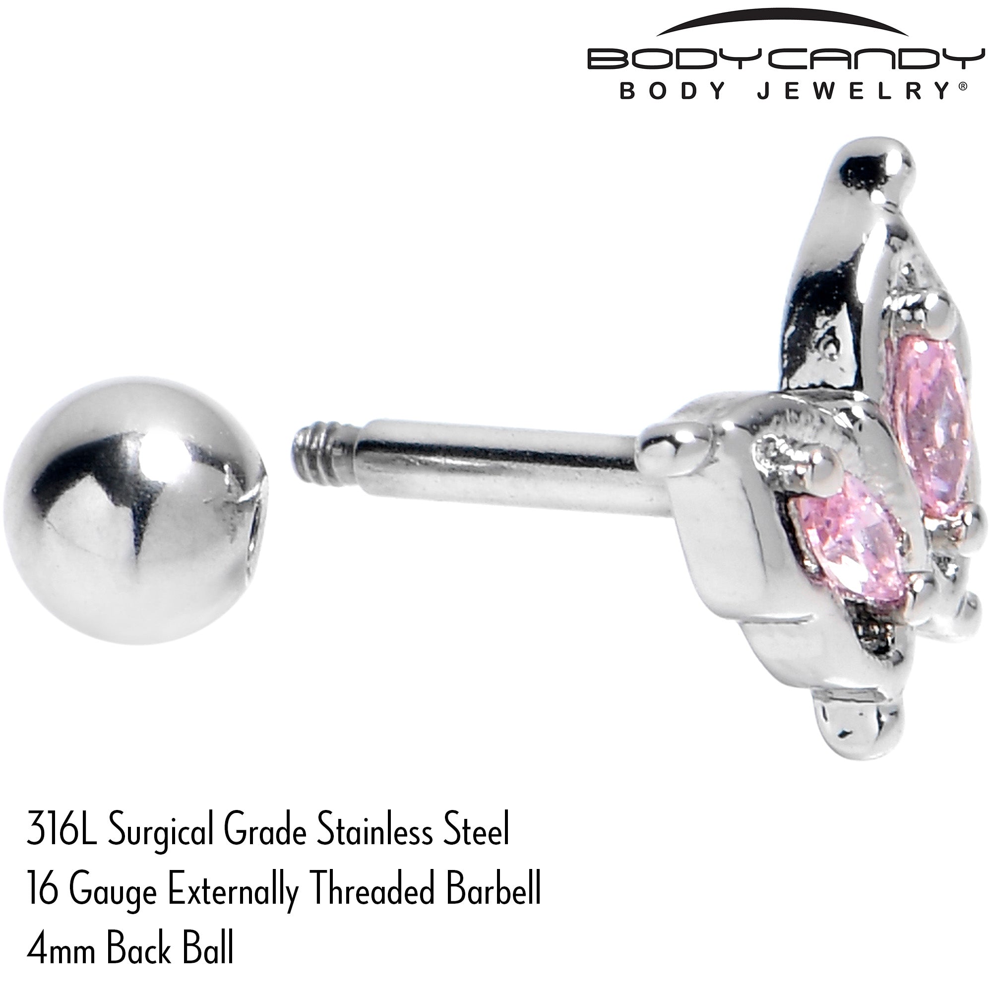 16G 1/4 Pink Gem Fancy Fab Butterfly Cartilage Tragus Earring