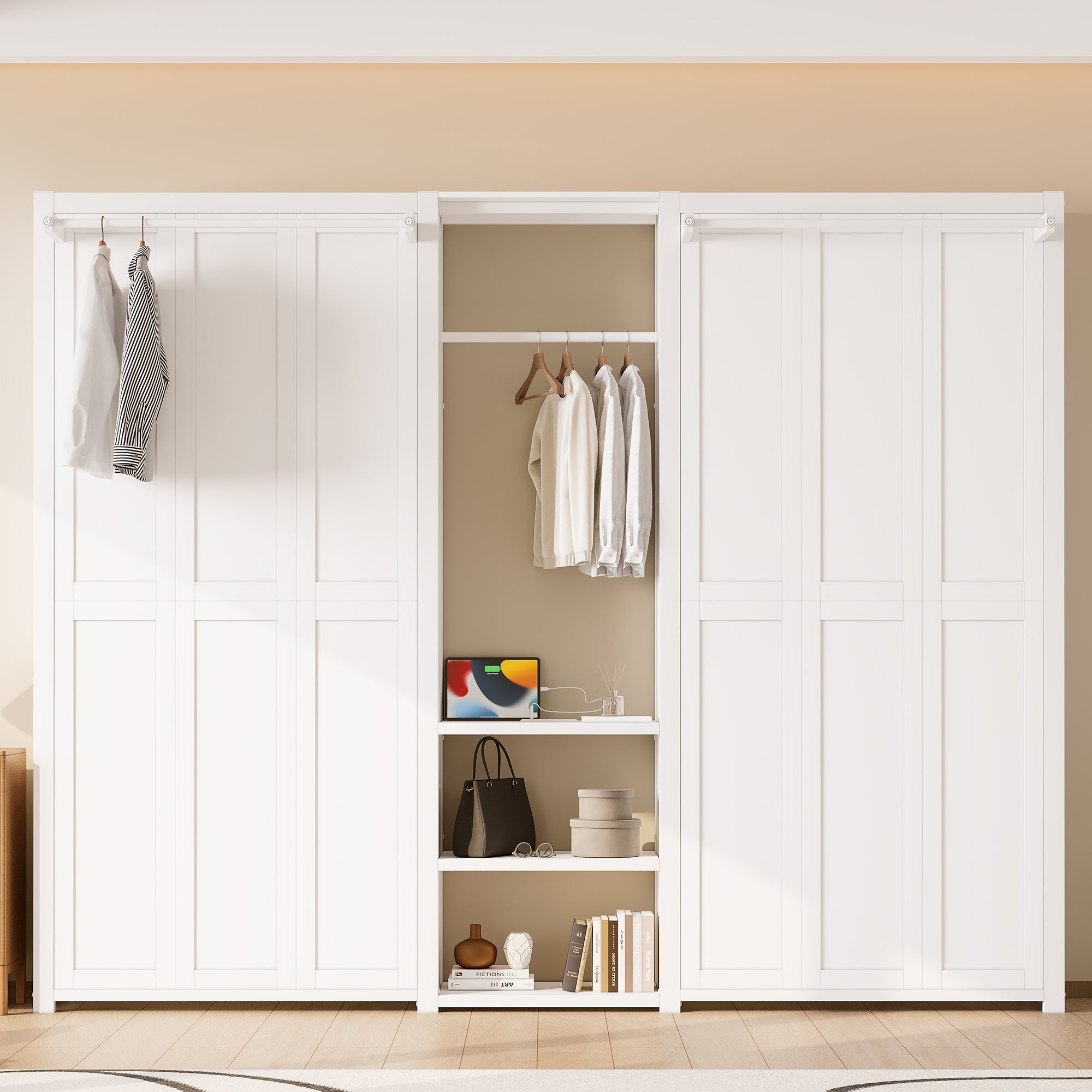 Twin and Twin Murphy Bed, Metal Foldable Murphy Bed with Wardrobe, Shelves and Power Outlets, 2 in 1 Design, Space-saving, White