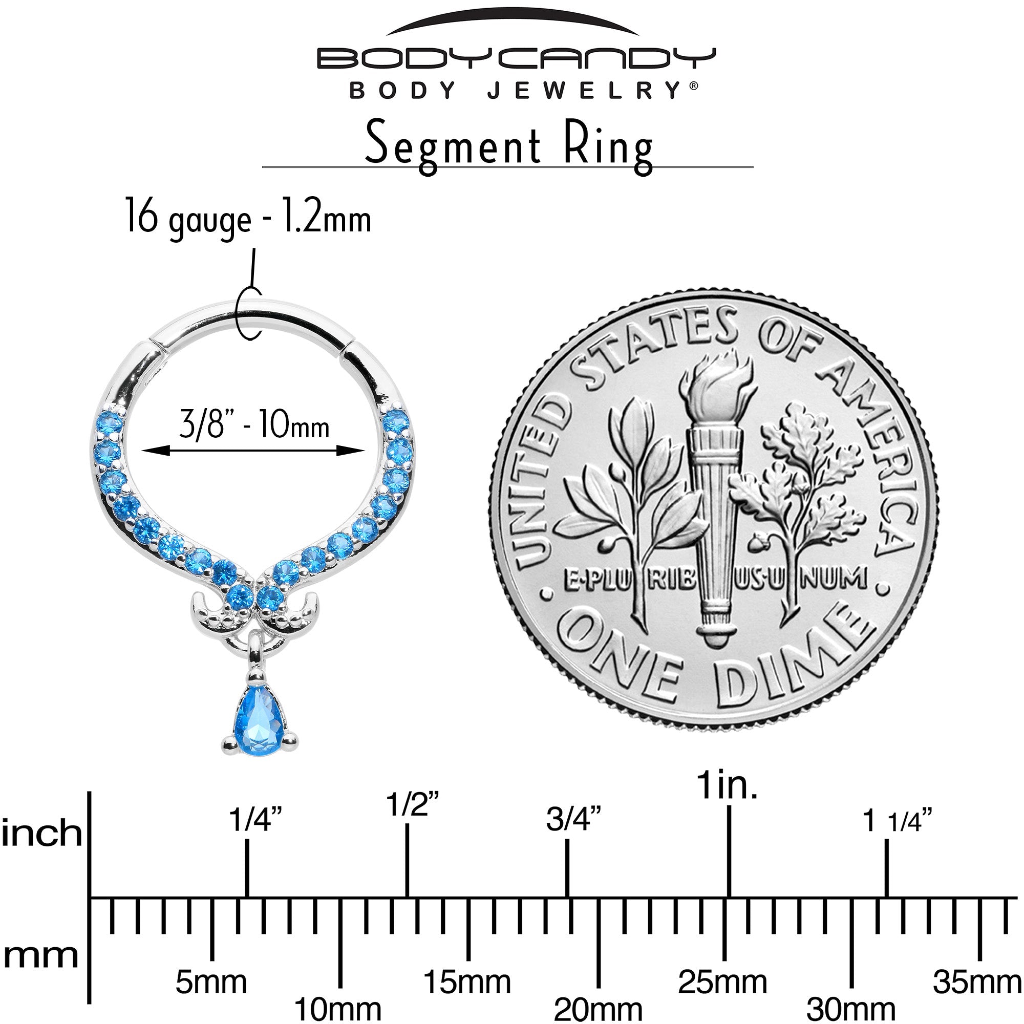 16G 3/8 Blue CZ Gem Elegant Curves Dangle Hinged Segment Ring