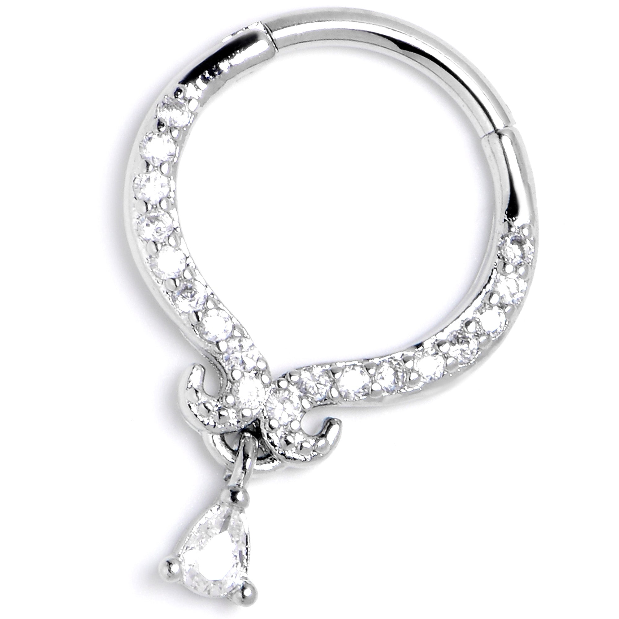16G 3/8 Clear CZ Gem Elegant Curves Dangle Hinged Segment Ring