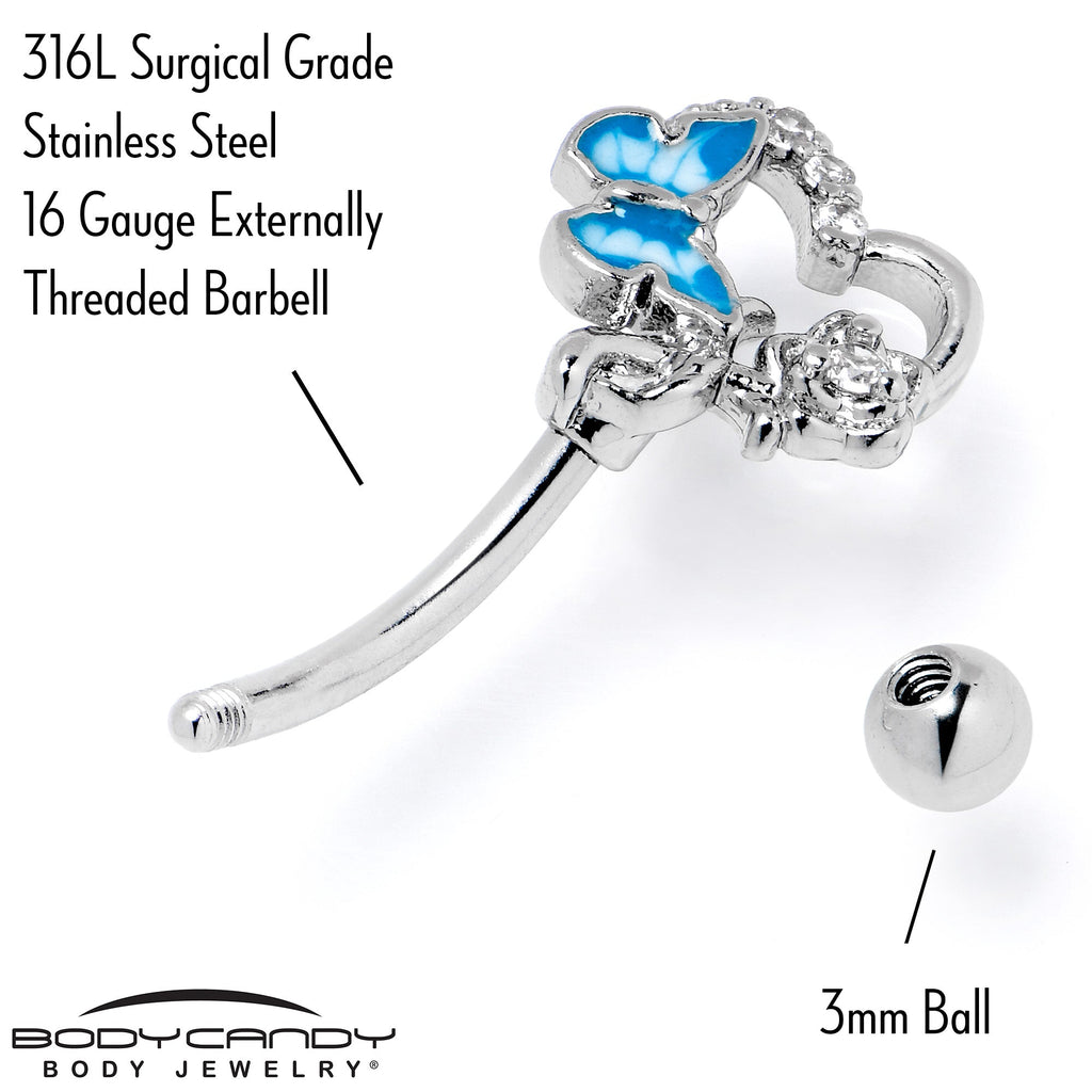 16G 5/16 Clear Gem Butterfly Rose Flower Blue Curved Eyebrow Ring