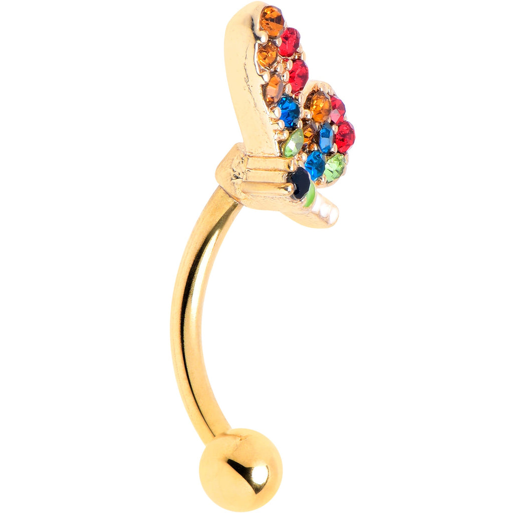 16G 5/16 Red Blue Gem Gold Tone Butterfly Curved Eyebrow Ring
