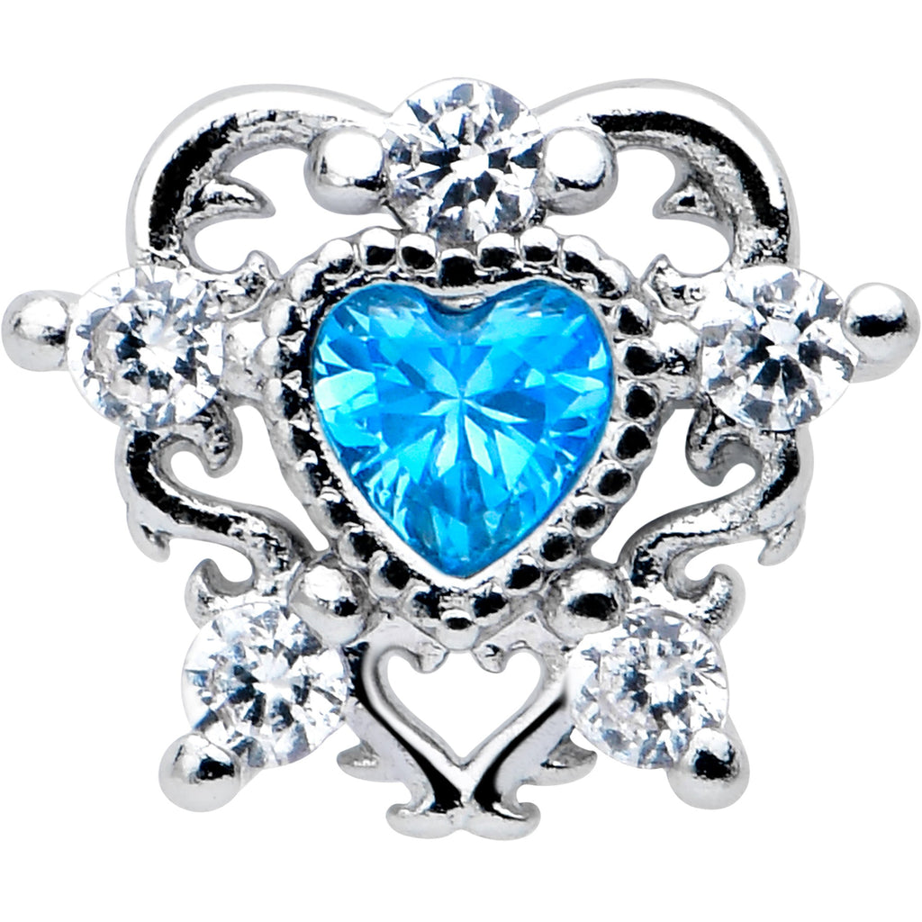 16G Blue Clear CZ Gem Heart Flat Back Earring