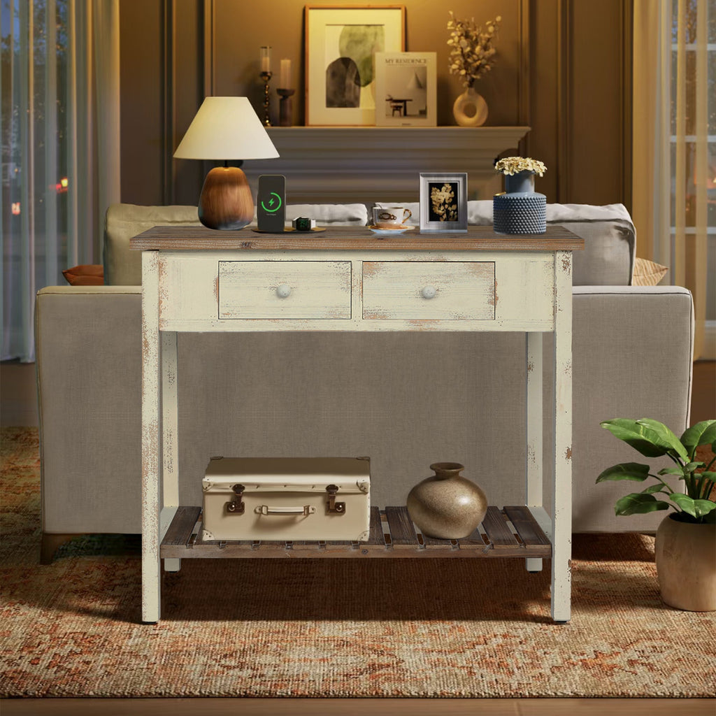 Vintage Two - Drawer Console Table with Open Shelf, Distressed Finish for Entryway & Living Room