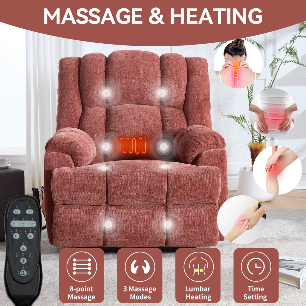 Dual Motor Heat Massage Infinite Position Up to 350 LBS Electric Power Lift Recliners with Power-Remote, Medium-firm and Heavy Duty, Red