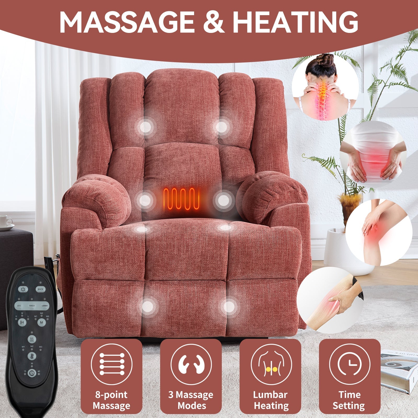 Dual Motor Heat Massage Infinite Position Up to 350 LBS Electric Power Lift Recliners with Power-Remote, Medium-firm and Heavy Duty, Red