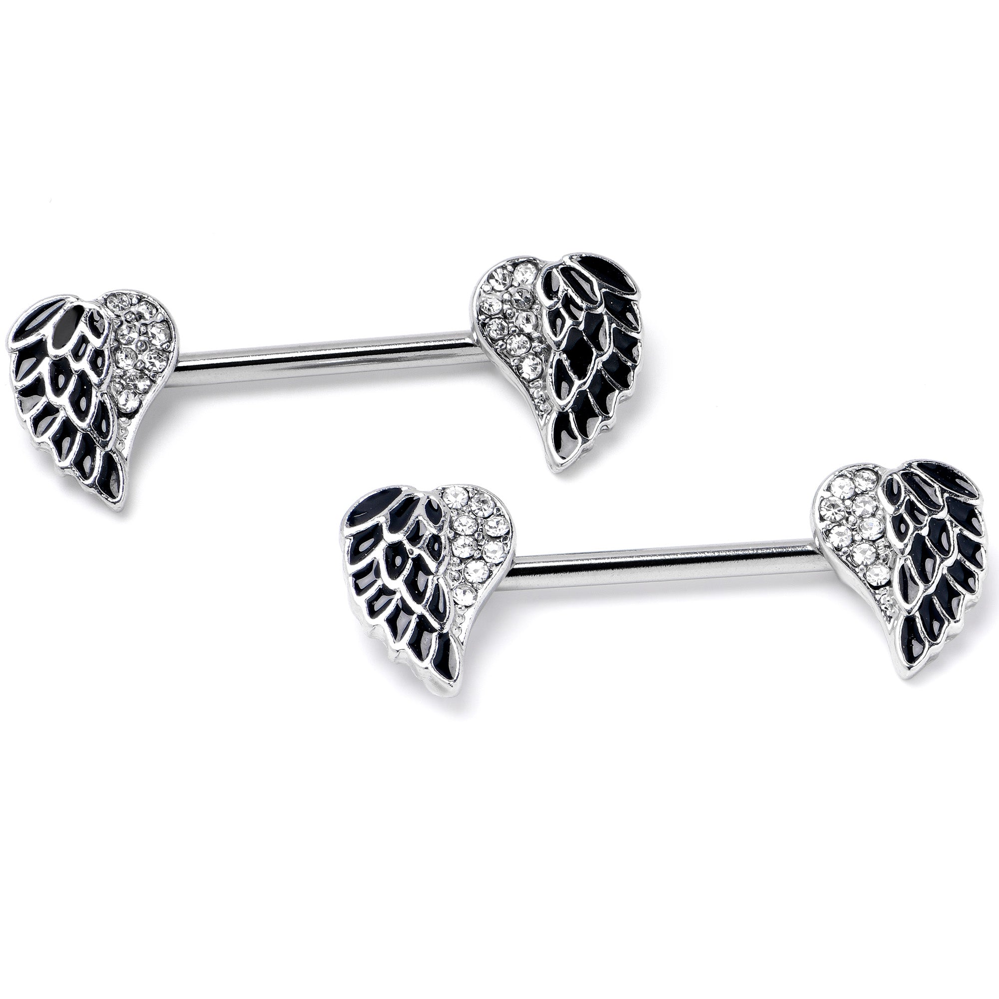 14G 9/16 Clear Gem Heavenly Heart Angel Wing Black Nipple Ring Set