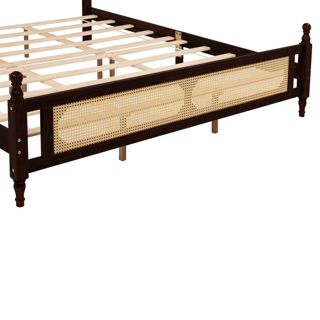 King Pine wooden Bed with Rattan Headboard  and Footboard, with  Central Enhanced Bed Platform ,Espresso