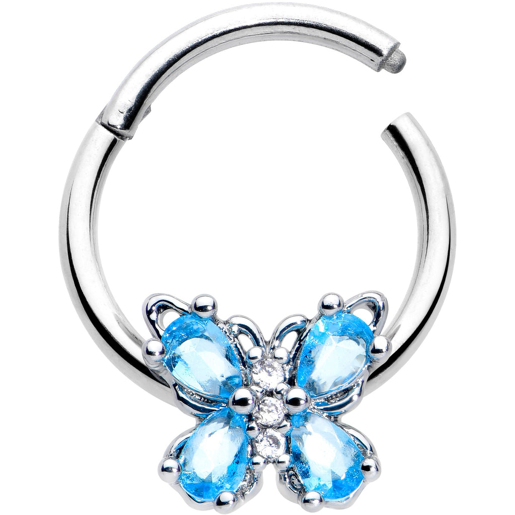 16G 3/8 Blue Gem Baroque Beauty Butterfly Hinged Segment Ring