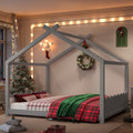 Queen House Floor Bed with Support Slats, Solid Wood House Bed Frame for Kids, No Box Spring Needed and Opening Constructure, Gray