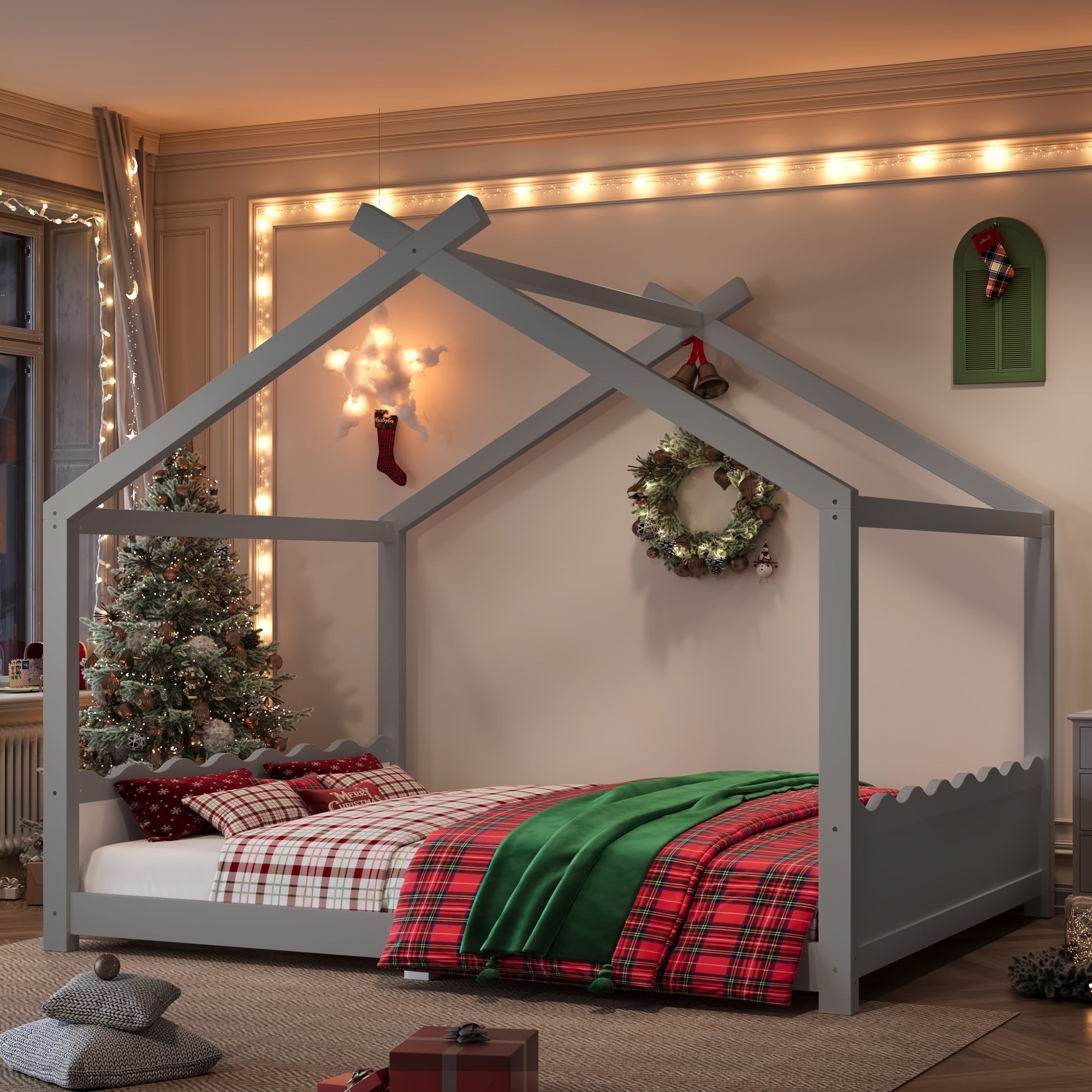 Queen House Floor Bed with Support Slats, Solid Wood House Bed Frame for Kids, No Box Spring Needed and Opening Constructure, Gray