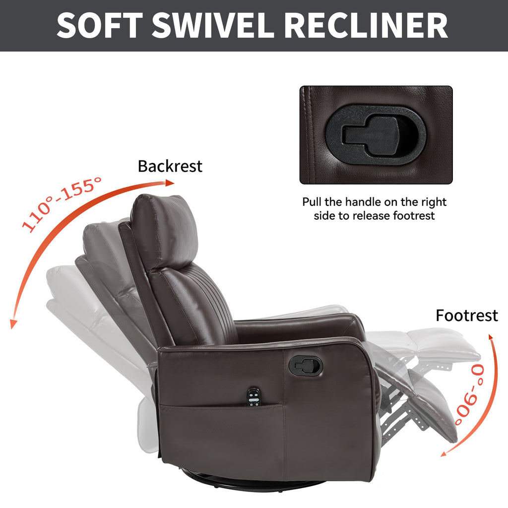 Brown Faux Leather Heat Massage Manual Recliner Chair with Rocker and Swivel for Living Room