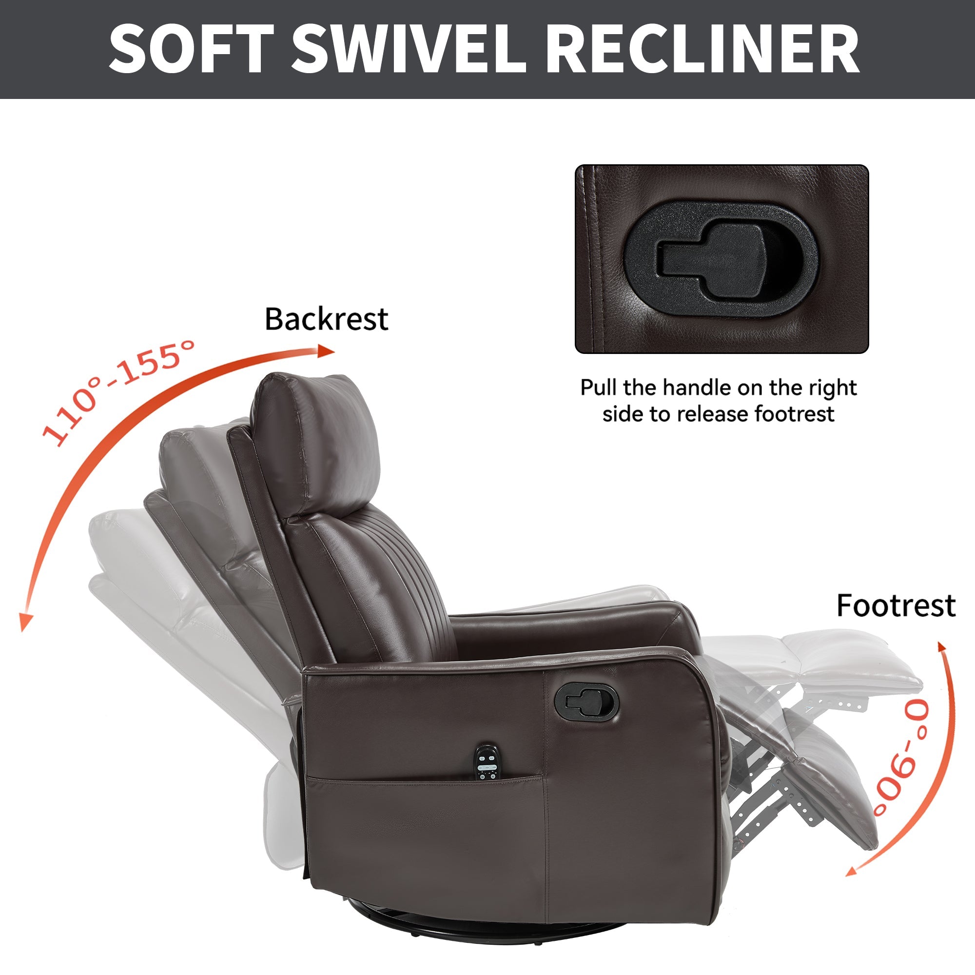 Brown Faux Leather Heat Massage Manual Recliner Chair with Rocker and Swivel for Living Room