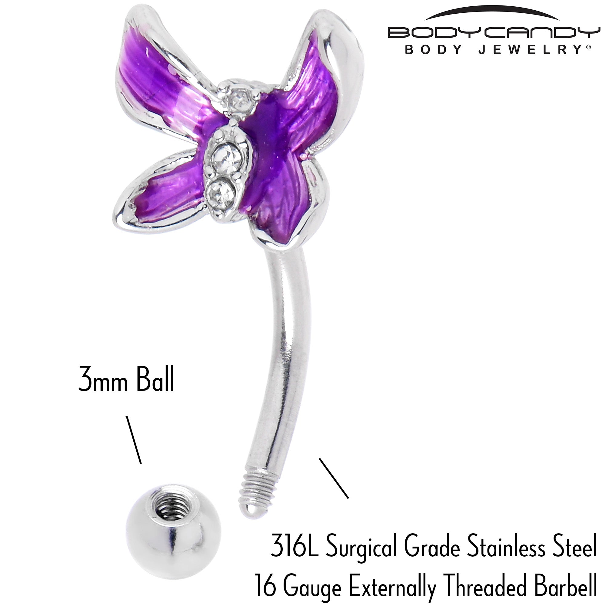 16G 5/16 Clear Gem Chunky Butterfly Purple Curved Eyebrow Ring