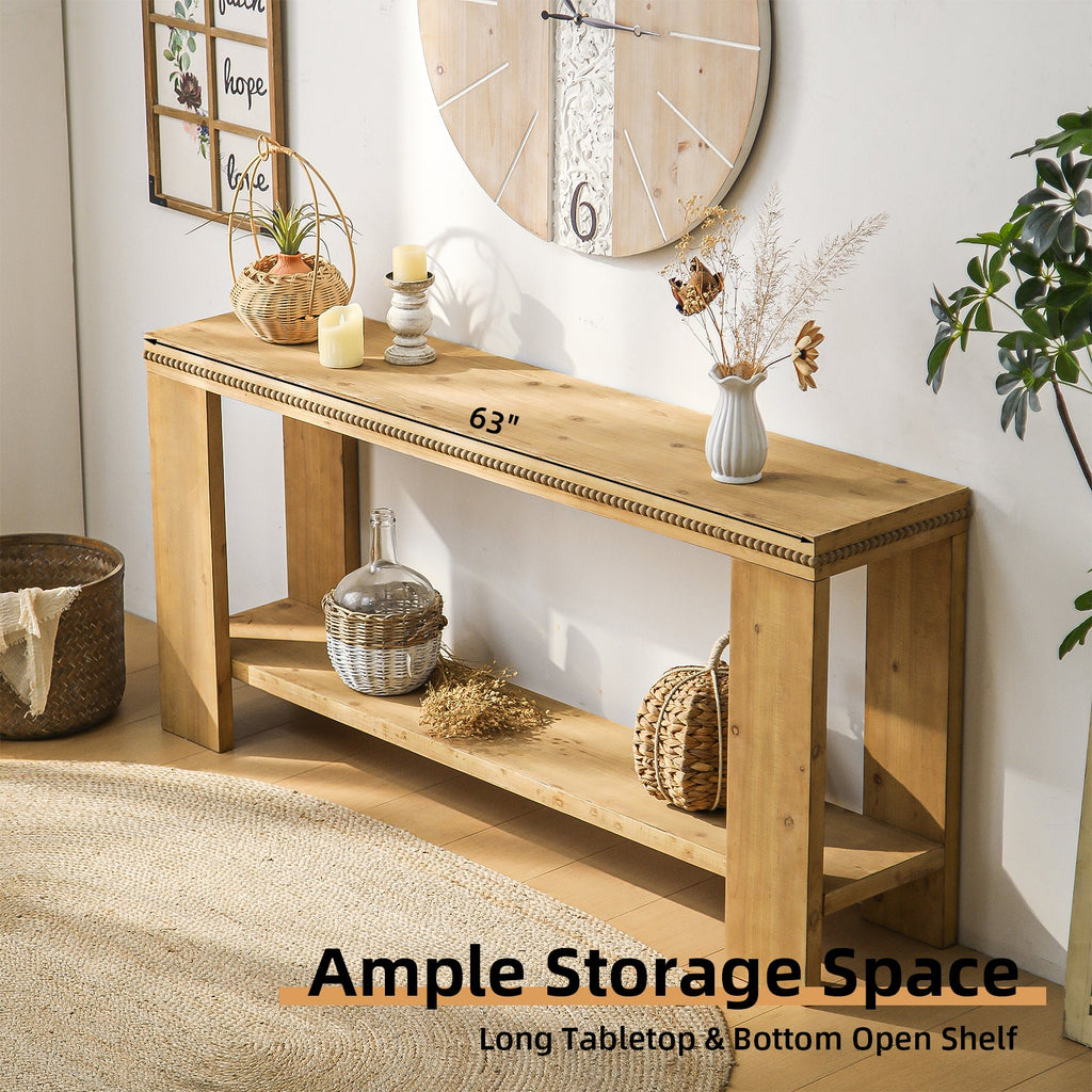 63' Boho Console Table with Storage Shelf – Rustic Farmhouse Sofa Table with Beaded Trim, 2-Tier Narrow Entryway Table for Hallway, Foyer, or Behind Couch