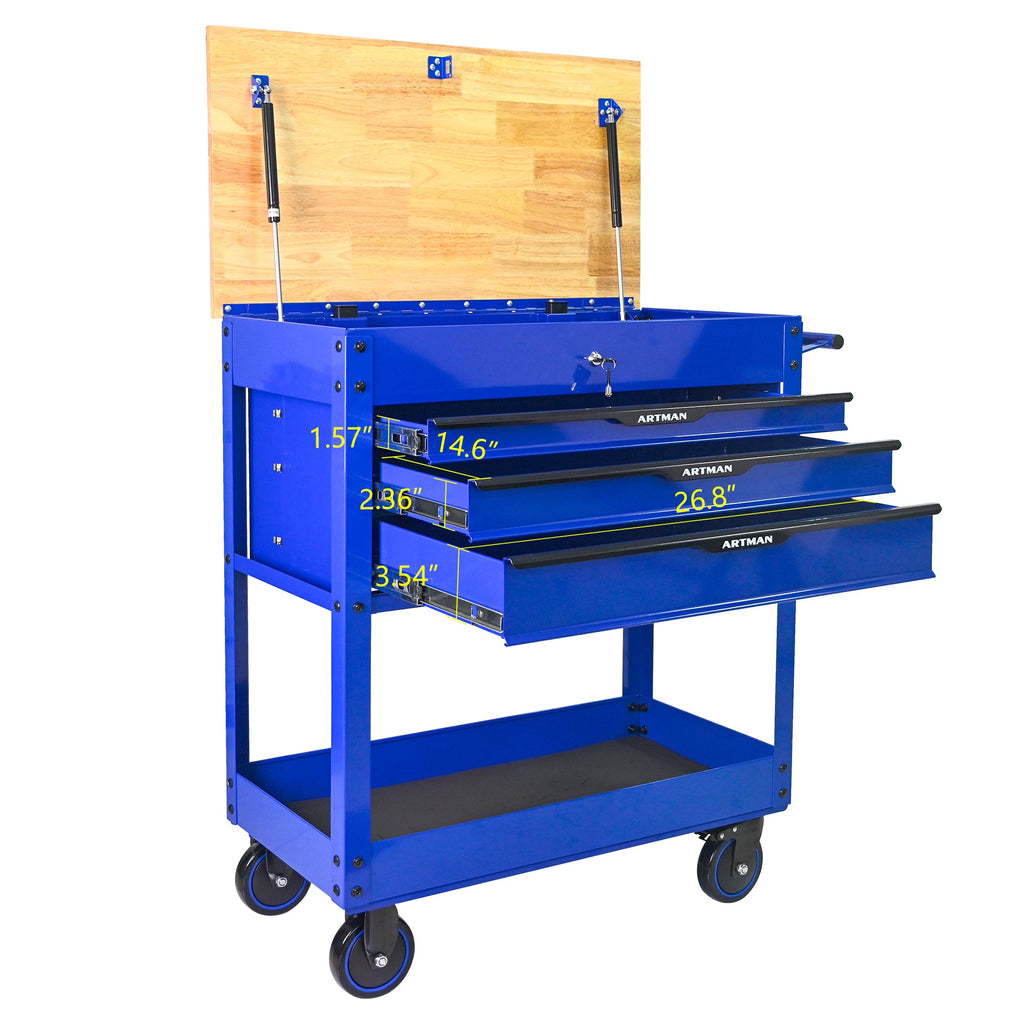 3 DRAWERS MULTIFUNCTIONAL TOOL CART WITH WHEELS AND WOODEN TOP-Blue