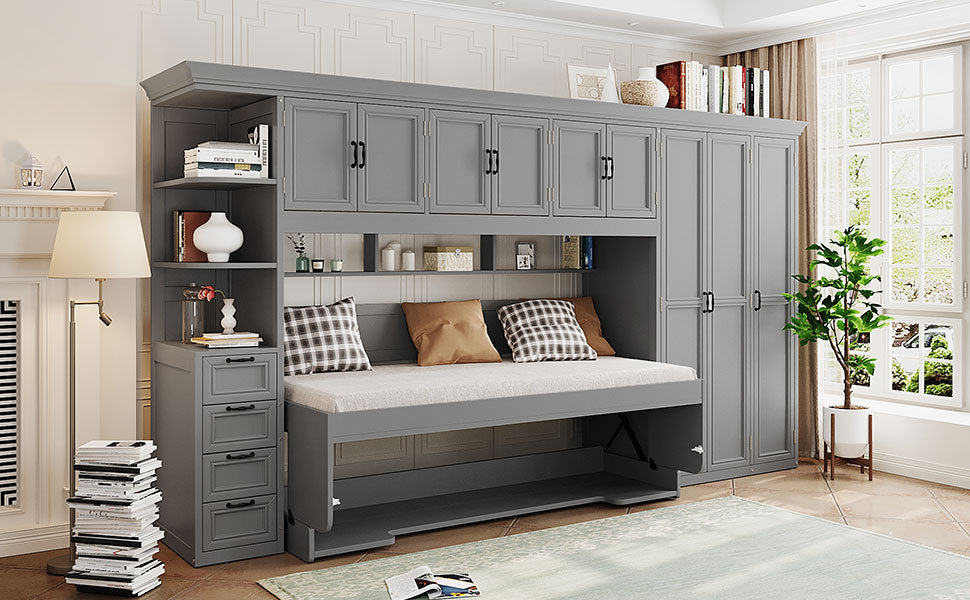Twin Size Murphy Bed Wall Bed with Wardrobe, Cabinet and Desk, Gray