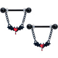 14G 9/16 Red Gem Black Bleeding Heart Bat Dangle Nipple Ring Set