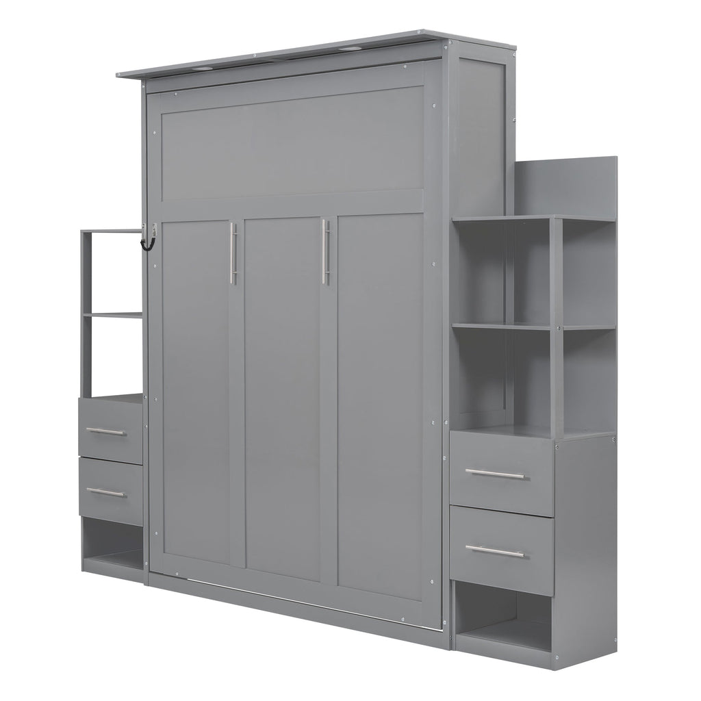 Queen Size Murphy Bed Wall Bed with Shelves, Drawers and Lights,Gray(OLD SKU:LP000566AAE-1)