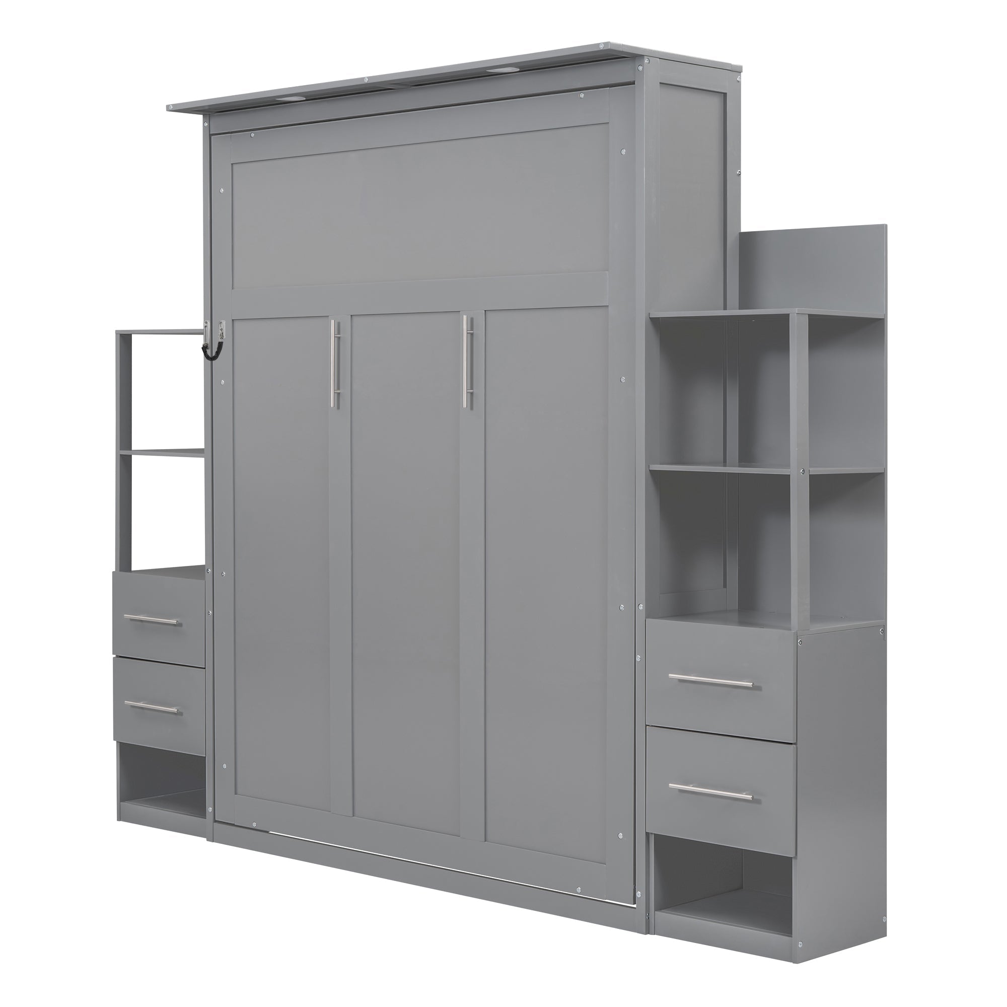 Queen Size Murphy Bed Wall Bed with Shelves, Drawers and Lights,Gray(OLD SKU:LP000566AAE-1)